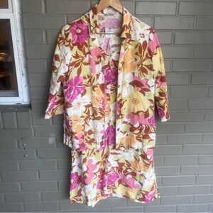 Hot Cotton Dress Linen Pink Yellow Floral with Button Jacket/Shirt - S